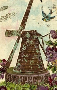 1907 Christmas Postcard Windmill Purple Flowers Embossed Antique Gold Foil Bird - Picture 1 of 3