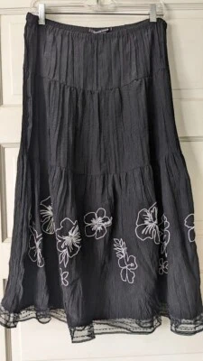 Pierre Cardin MEDIUM Black Embroidered Tiered Skirt with Elastic Waist Lace Hem - Image 1 of 4