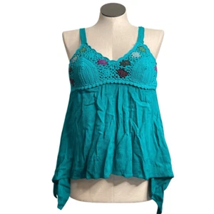 Y2K Parc & Lex Womens Babydoll Top L Teal Crochet Bust Empire Waist Fairygoth - Picture 1 of 8