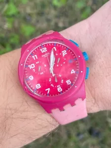 Swatch Chronograph Originals Pink Frame Pink Silicone Unisex Watch SUSR401 AS IS - Picture 1 of 17
