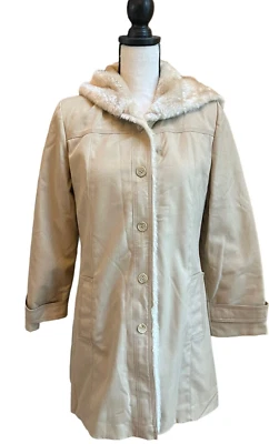 BONDERS Exclusive Tan Khaki Faux Fur Lined Trench Hooded Coat Womens Size M - Image 1 of 4