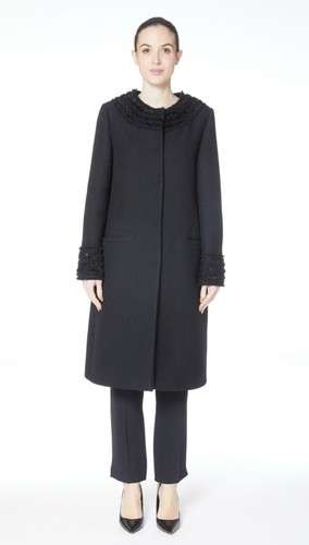 $5K PRADA ABITO CAPPOTTO GIACCA PELLICCIA CODA LARGA AGNELLO PERLINE UNCINETTO IMPREZIOSITO NERO 42