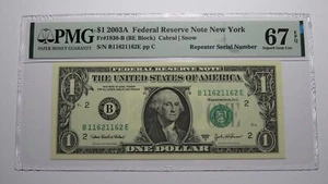$1 2003 Repeater Serial Number Federal Reserve Currency Bank Note Bill PMG UNC67 - Picture 1 of 3