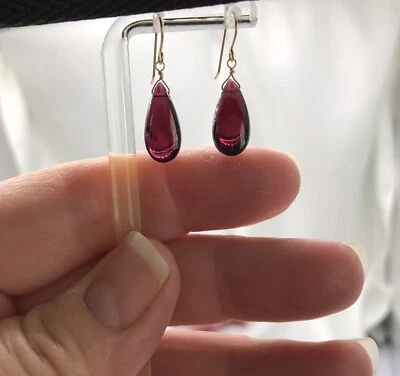 14K Solid Gold Garnet Earrings Natural Briolette RARE  FINEST-3 - Image 1 of 4