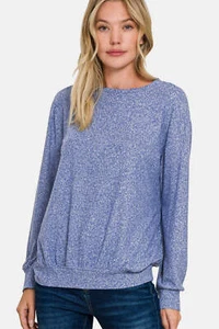 Zenana Melange Long Sleeve Round Neck T-Shirt Top in Blue NWT - Picture 1 of 4