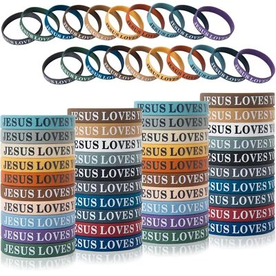 QEERBSIN 60 pcs jesus loves you rubber bracelets colorful silicone wristbands jesus