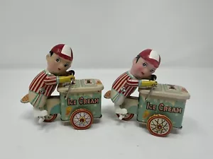 Vintage Wind Up Toy Tin Ice Cream Vender Cart Bicycle  1980s Both Work  - Picture 1 of 5