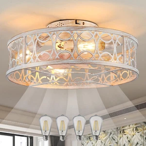 Ceiling Fans with Lights Flush Mount,20 Inch Caged Modern Small White Fan for Be - Picture 1 of 9