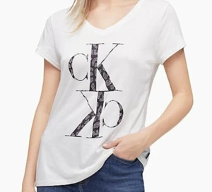 Calvin Klein Women Monogram Logo V-Neck TShirt XL Studded Mirror Soft Modal NWT - Picture 1 of 11