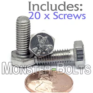 M6-1.0 x 16mm - Qty 20 - DIN 933 Hex Cap Bolt / Screw - Stainless Steel A2-70 - Picture 1 of 3