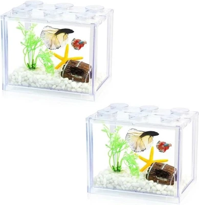 2 Pack Small Betta Fish Tank – Stackable Clear Aquarium, Mini Fish Tank for Turt - image 1 of 4
