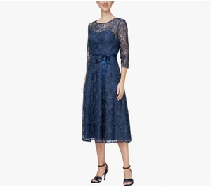 14P Alex Evenings Women's Tea Length Embroidered Cocktail Dress Illusion Sleeve - Picture 1 of 9
