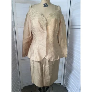 Vintage RIMINI Gold Champagne Silk 2 Piece Skirt Suit Lined Size 12 - Picture 1 of 10