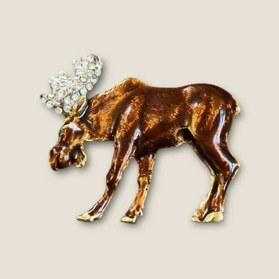 Broche prendedor de alce dorado y marrón con astas de diamantes de imitación 2"x1,5" Foto 1 de 2