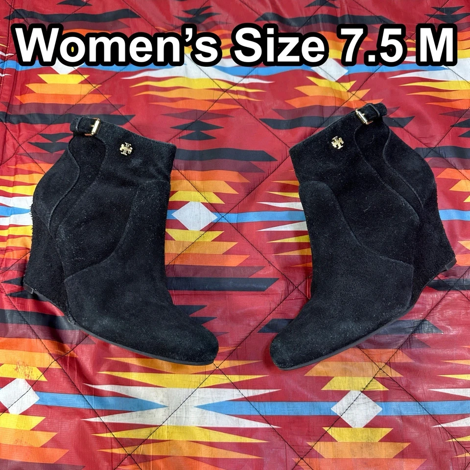 Botín Tory Burch Cuña Gamuza Cuero Negro Botín 7.5 M Mujer’s Botín Foto 1 de 4