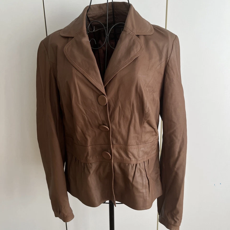 AUTÓGRAFO DE MARKS & SPENCER - Chaqueta de cuero real color tostado peplum suave talla 12/14 Foto 1 de 4