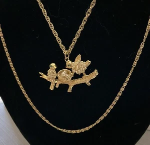 Vintage Double Necklace Faux Pearl Rhinestone Bird Nest Pendant - Picture 1 of 10