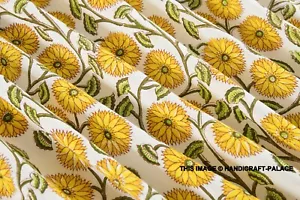5 Yard Indian Handmade Cotton Natural Sun Flower Print Hand Block Print Fabric - Picture 1 of 3