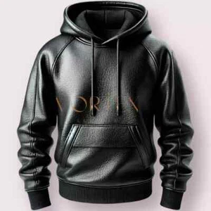 Men's Black Premium Leather Handmade Hoodie Genuine Lambskin Leather Hoodie coat - Picture 1 of 5