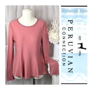 Peruvian Connection Salmon Pink Morgan Sheer Peplum Sweater Top Pima Modal Sz M - Picture 1 of 9
