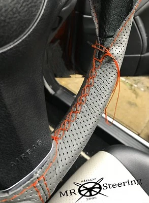 FOR VW POLO MK4 GREY PERFORATED LEATHER STEERING WHEEL COVER 02+ORANGE DOUBLE ST - image 1 of 4