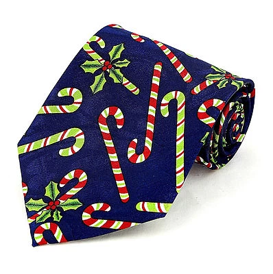 Holly Candy Canes Men's Necktie Christmas Holiday Classic Blue Neck Tie  - Image 1 of 2