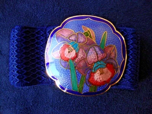 VINTAGE CLOISONNE ART NOUVEAU MULTI COLOR IRIS COBALT BUCKLE W/ STRETCH BELT - Picture 1 of 7