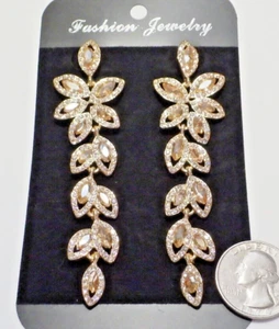 Gorgeous Gold Plate & Champagne Crystal Leaves Dangle Stud Earrings 3.5" - Picture 1 of 3