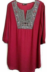 KLd Signature Bluse Tunika Top M & L bestickt weinrot rot 3/4 Arm gefüttert Neu ohne Etikett - Bild 1 von 8