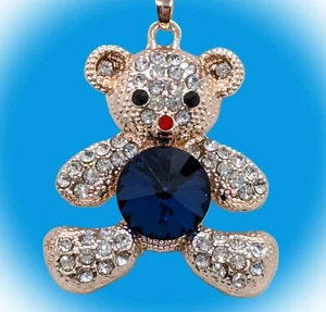 Cute! Betsey Johnson Large Blue Belly Bear Sparkly Crystals Rose Gold Necklace - Picture 1 of 16