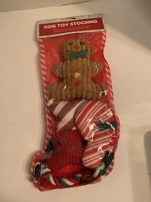 Gingerbread 4-piece Set ￼dog toy Plastic stocking With 3 plush Toys & one rope - Image 1 of 4