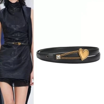 Women Real Leather Waist Belt Gold Alloy Heart Buckle Dresses Casual Coats Belt - Image 1 of 4