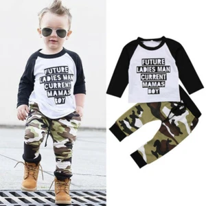 Boy Outfit Clothes Fashion Camo Toddler Infant Kids Baby Letter Tops Pants Set - Picture 1 of 6