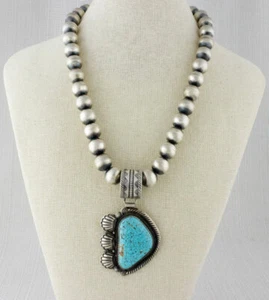 Sterling Silver Bead Necklace With Natural Kingman Web Turquoise Pendant - Picture 1 of 4