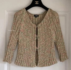 NEW 17C CHANEL BEIGE MULTICOLOR CC GRIPOIX BUTTONS CARDIGAN SWEATER 38 - Picture 1 of 11