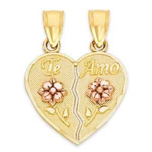 Solid Gold Te Amo Separating Heart Pendant in 10k or 14k, Couples Jewelry - Picture 1 of 6