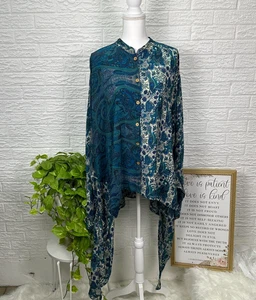 Women's Kantha Bae button up blouse blue paisley boho hippie - Picture 1 of 11