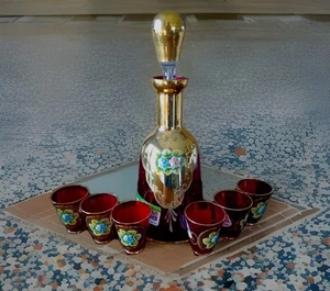 Vintage Ruby Red Glass Hand Painted Decanter and 6 Shot Glasses Made In Italy - Picture 1 of 19