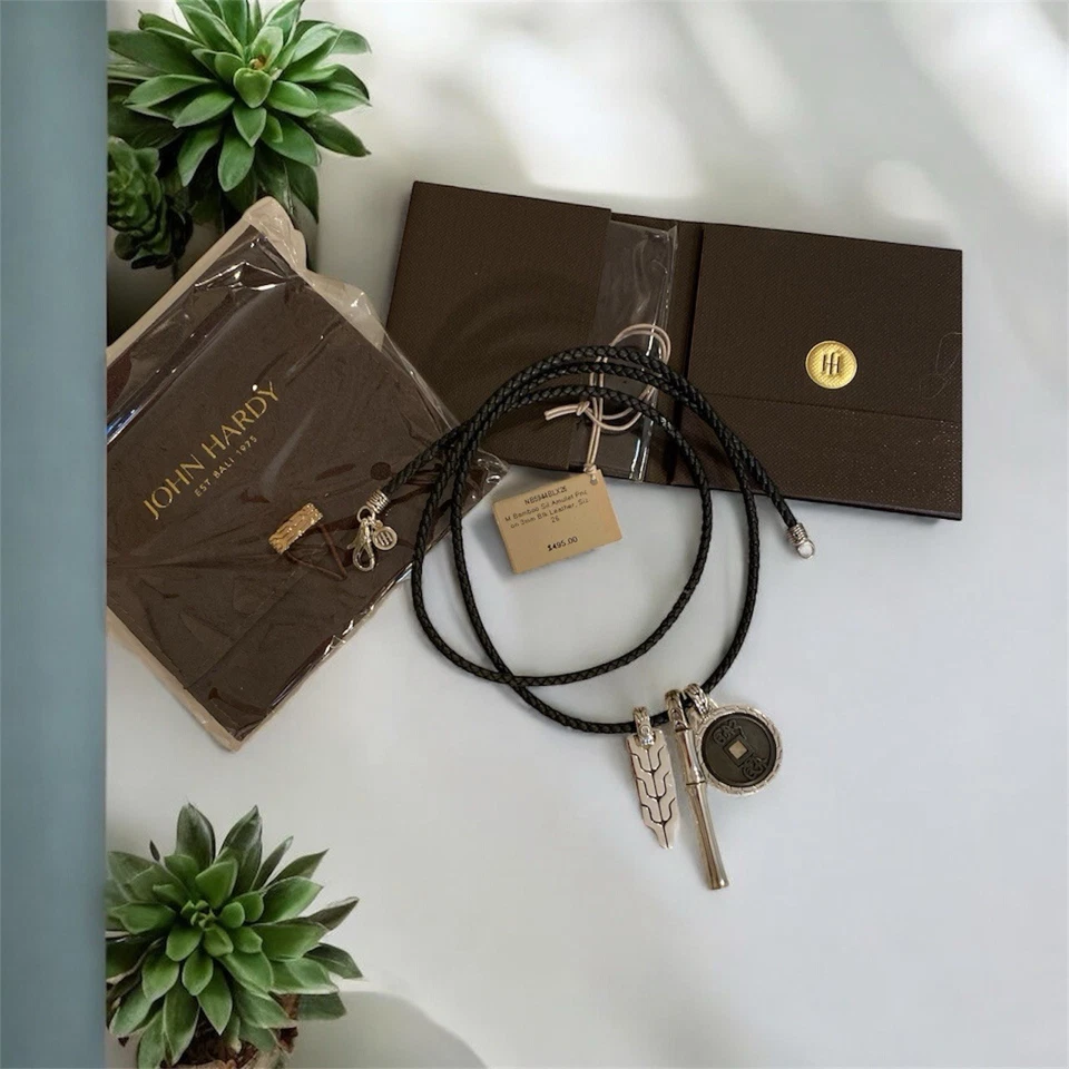 Raro juego de amuletos de plata 925 John Hardy de 3 piezas/collar de cuero negro de 3 mm 26”/etiqueta Foto 1 de 4