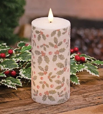 NEW Primitive TIMER PILLAR CANDLE WINTER HOLLY BERRY CHIC SPARKLING WHITE 6"H - Image 1 of 2