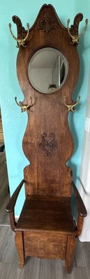 Early 1900s Victorian Carved Hall Tree Coat Hat Stand with Mirror and Bench - Image 1 of 3