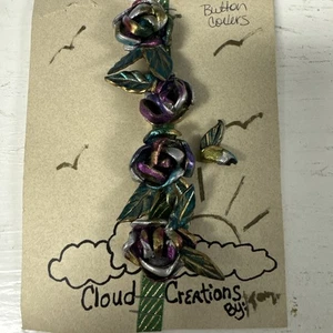 Vtg Purple Green Enamel Layered Open Rose Flower Button Covers Cloud Creations - Picture 1 of 6