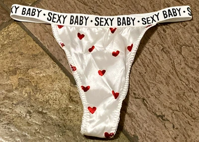 Red Hearts on Snow White 6/M Second Skin SATIN Hi Leg RIO String Thong Panty NEW - Image 1 of 4