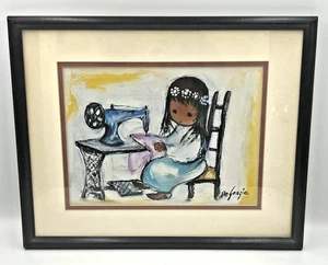 1981 Signed Ted DeGrazia Art Print Girl Sewing Machine Framed Matted 15" x 12" - Picture 1 of 11