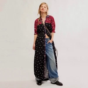 Free People Nora Floral Maxi Shirt Dress Small Black Red Boho Cottagecore 90s - Picture 1 of 15