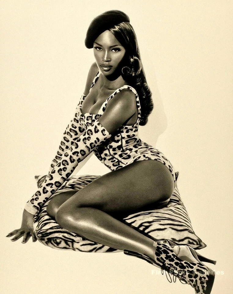 1991 年 HERB RITTS 模型 NAOMI CAMPBELL 贝雷帽豹纹时尚四色照片艺术 — 第 1/1 张图片