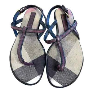Zapatos Burberry Para Mujer Cuero Cuadros Lona Tanga, Correa al Tobillo Sandalias Planas 6.5 - Imagen 1 de 7