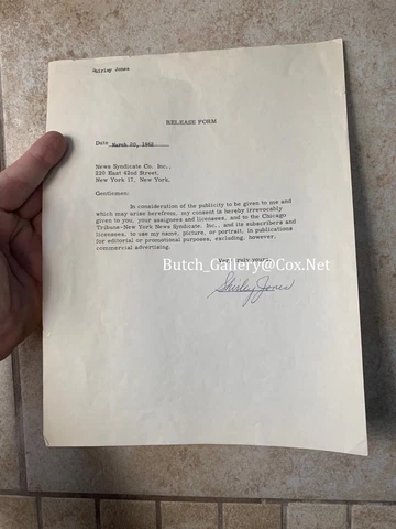 SHIRLEY JONES signed autograph document contract release form Cover