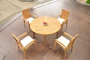 5-Piece Outdoor Teak Dining Set: 52" Round Table, 4 Stacking Arm Chairs Goa - Picture 1 of 6