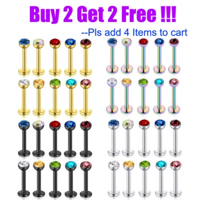 10pc CZ Gem Labret Monroe Lip Ring Internally Threaded Tragus Helix Earring Stud - Image 1 of 4